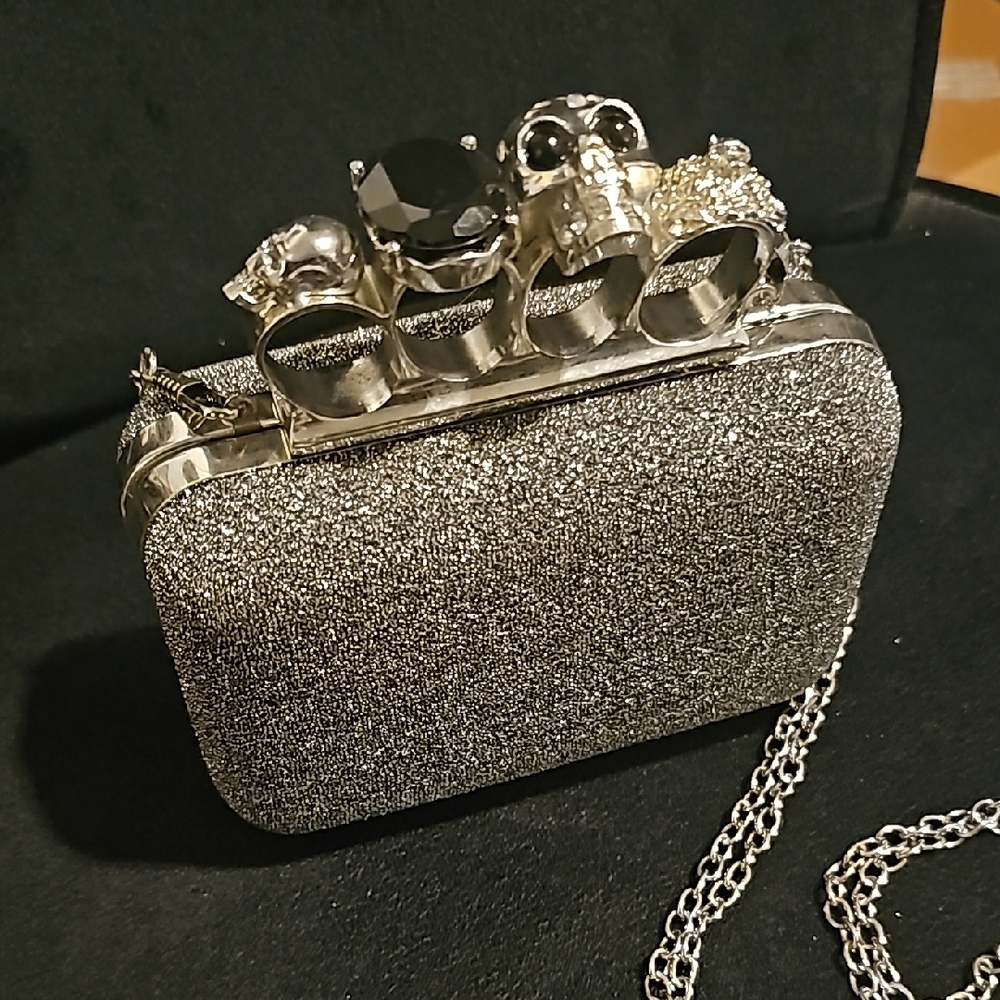 Silver Glitter Mini MCQ Inspired Clutch with Skull Ring Brass Knuckle Handle